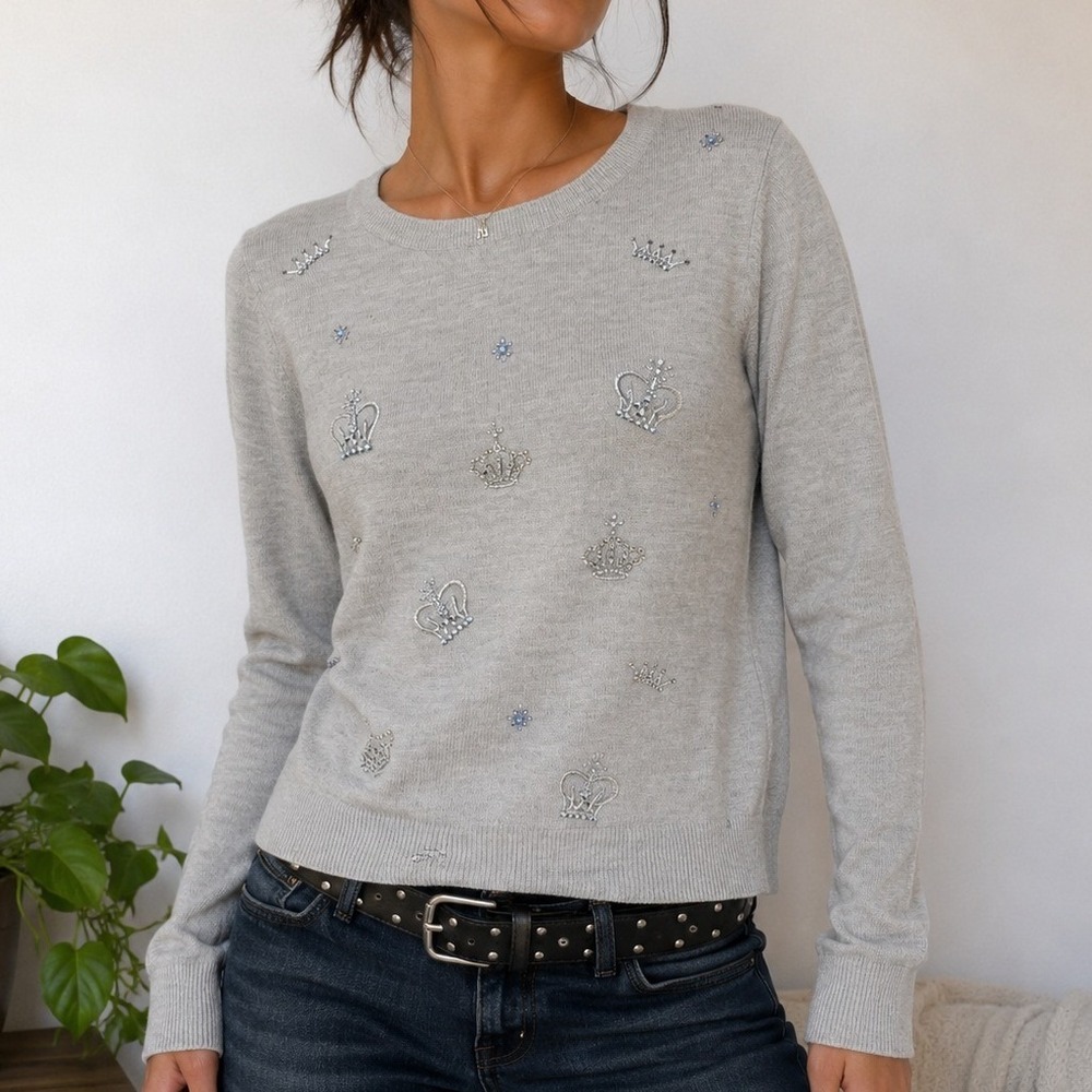 Talbots Merino Wool Crown Embellished Sweater Large Coquette Preppy Knit Top